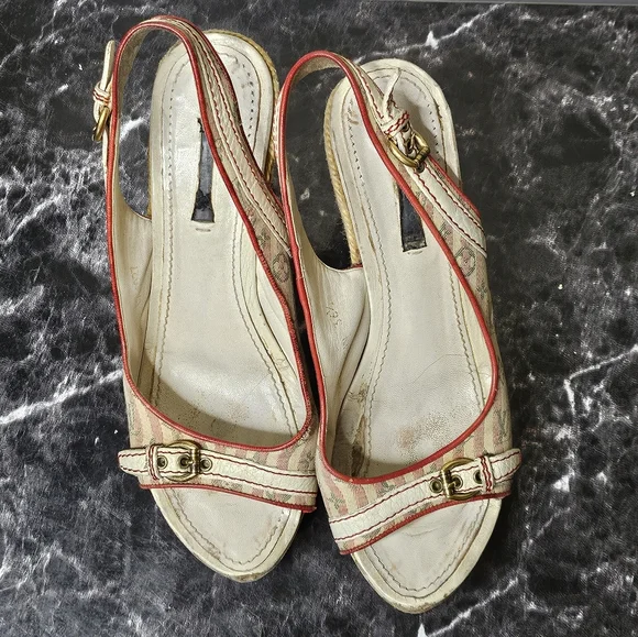 Louis Vuitton Monogram Heel Wedge Slip Open Toed Shoes Sz. 36.5 - Picture 4 of 13